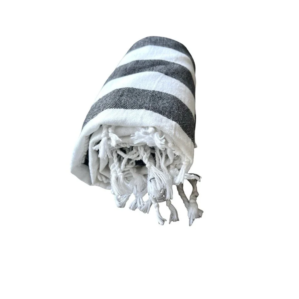 Utopia Turkish Beach Towel Black White Striped 100% Cotton 40x62 Fringe
